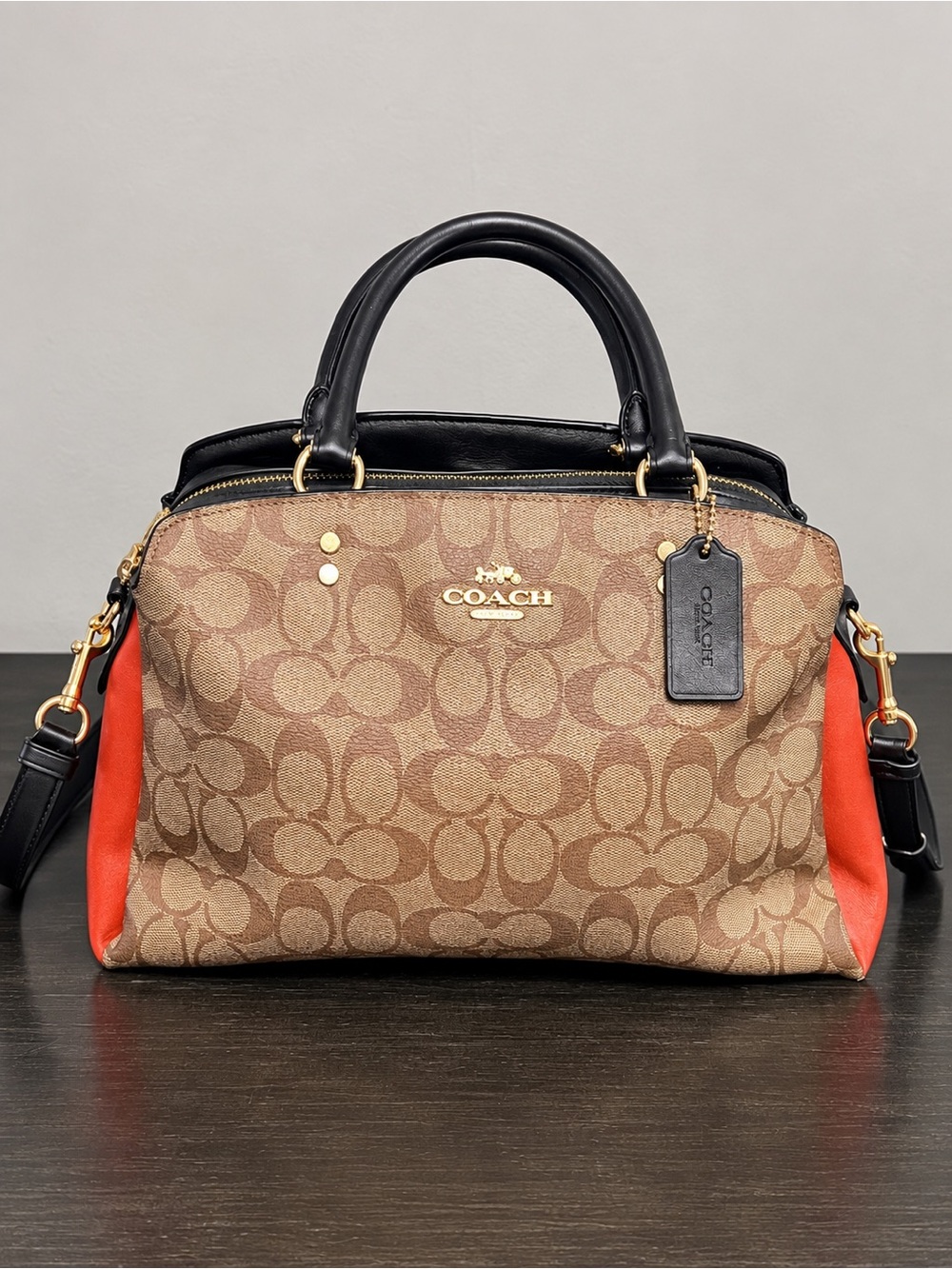 Coach Medium Lillie Colorblock Signature Canvas Satchel Bag Khaki/Orange Preppy